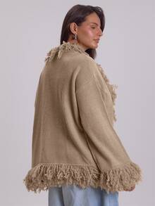 MUSERA Plus Size Beige Frill Fur Detail Cardigan Winter Fall Womens Outfit Casual - Grey - View 4