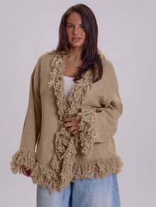 MUSERA Plus Size Beige Frill Fur Detail Cardigan Winter Fall Womens Outfit Casual - Grey - View 1