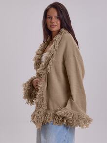 MUSERA Plus Size Beige Frill Fur Detail Cardigan Winter Fall Womens Outfit Casual - Grey - View 3