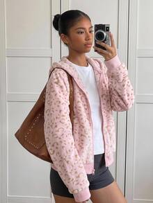 SHEIN 女童單件極簡休閒日常粉色豹紋毛絨拉鍊夾克外套，秋冬款，抓絨，長袖 - 粉色 - 查看 4