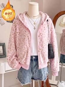 SHEIN 女童單件極簡休閒日常粉色豹紋毛絨拉鍊夾克外套，秋冬款，抓絨，長袖 - 粉色 - 查看 12