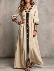 Linhara CURVE Gaun Maxi Bohemian Colorblock Leher V dengan Pinggang Terikat - Khaki - View 3