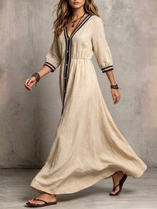 Linhara CURVE Gaun Maxi Bohemian Colorblock Leher V dengan Pinggang Terikat - Khaki - View 5