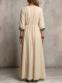 Linhara CURVE Gaun Maxi Bohemian Colorblock Leher V dengan Pinggang Terikat - Khaki - View 2