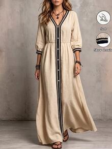 Linhara CURVE Gaun Maxi Bohemian Colorblock Leher V dengan Pinggang Terikat - Khaki - View 1
