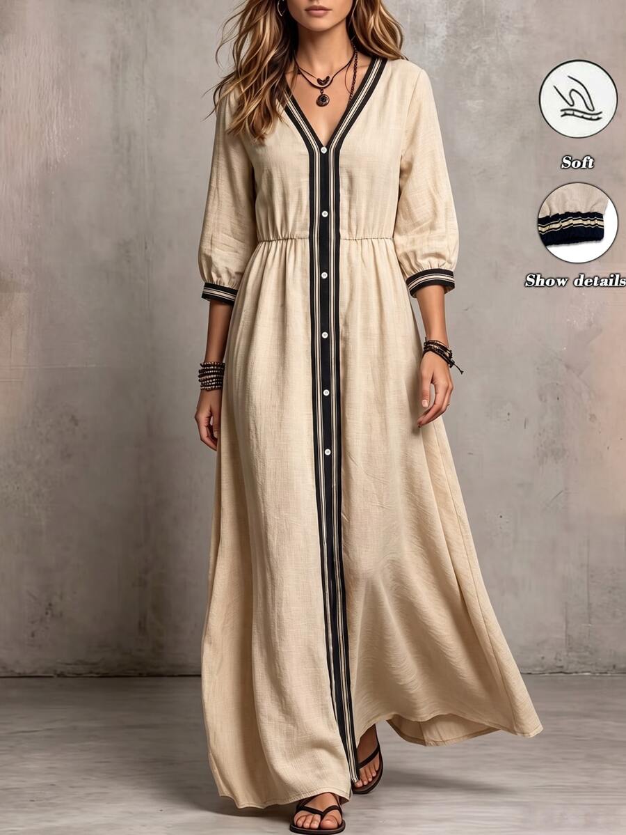Linhara CURVE Gaun Maxi Bohemian Colorblock Leher V dengan Pinggang Terikat - Khaki - View 1