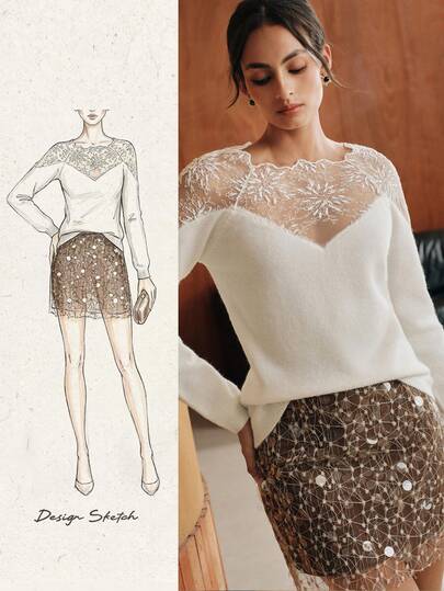 Anewsta Women's Casual Sexy Sheer Lace Patchwork Shoulder Sweater Top