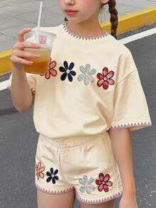 可愛復古花卉貼花刺繡圖案，青少年女孩休閒極簡短袖上衣與短褲兩件套，適合夏季日常、上學、外出、返校，時尚女孩慵懶風 - 彩色 - 查看 3