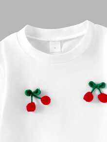 4-7 Years Old Girls 2pcs Set,White Round Neck Long Sleeve T-Shirt With 3D Cute Cherry Decoration,Tight-Fitting Red Flared Pants,Back To School Autumn - Green - View 6