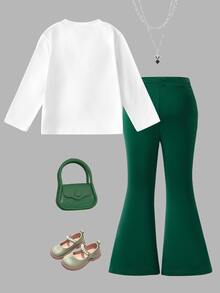 4-7 Years Old Girls 2pcs Set,White Round Neck Long Sleeve T-Shirt With 3D Cute Cherry Decoration,Tight-Fitting Red Flared Pants,Back To School Autumn - Green - View 2