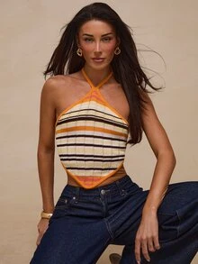 Glamine Atasan Rajut Wanita Model Halter Neck Seksi Boho Elegan Warna Kuning Keemasan untuk Liburan Pantai Musim Panas - MultiWarna - View 13
