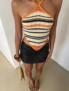 Glamine Atasan Rajut Wanita Model Halter Neck Seksi Boho Elegan Warna Kuning Keemasan untuk Liburan Pantai Musim Panas - MultiWarna - View 2