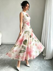 Modelyn 粉色與白色法式浪漫無袖長洋裝，女款時尚低領收腰長裙，抓皺設計，雪紡材質，夏季婚禮穿搭 - 彩色 - 查看 5