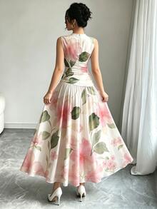 Modelyn 粉色與白色法式浪漫無袖長洋裝，女款時尚低領收腰長裙，抓皺設計，雪紡材質，夏季婚禮穿搭 - 彩色 - 查看 3