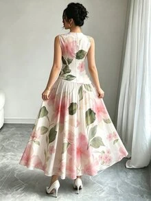 Modelyn 粉色與白色法式浪漫無袖長洋裝，女款時尚低領收腰長裙，抓皺設計，雪紡材質，夏季婚禮穿搭 - 彩色 - 查看 2