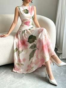 Modelyn 粉色與白色法式浪漫無袖長洋裝，女款時尚低領收腰長裙，抓皺設計，雪紡材質，夏季婚禮穿搭 - 彩色 - 查看 4