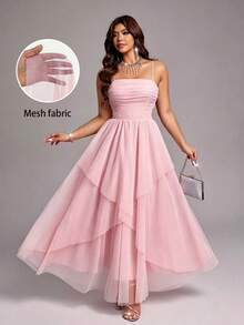 Viva Relle Plus Size Elegant Mesh Strap Party Dress - Pink - View 1