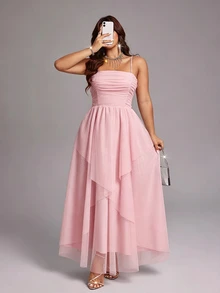 Viva Relle Plus Size Elegant Mesh Strap Party Dress - Pink - View 3