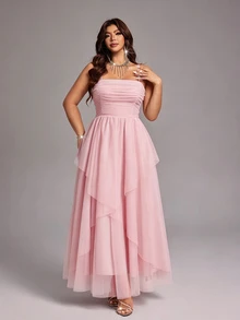 Viva Relle Plus Size Elegant Mesh Strap Party Dress - Pink - View 6