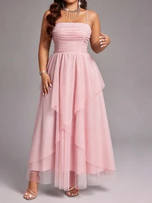 Viva Relle Plus Size Elegant Mesh Strap Party Dress - Pink - View 7