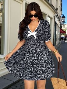 Vionelle Plus Size Sweet Gentle Korean Style Lady Floral V-Neck Contrast Color Bow Puff Sleeve Spring Summer Vacation Casual Short Dress Birthday Black - Navy Blue - View 5