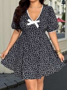 Vionelle Plus Size Sweet Gentle Korean Style Lady Floral V-Neck Contrast Color Bow Puff Sleeve Spring Summer Vacation Casual Short Dress Birthday Black - Navy Blue - View 3
