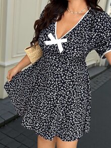 Vionelle Plus Size Sweet Gentle Korean Style Lady Floral V-Neck Contrast Color Bow Puff Sleeve Spring Summer Vacation Casual Short Dress Birthday Black - Navy Blue - View 4