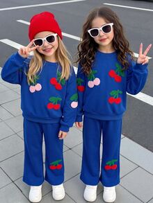 Elladie kids YOUNG 女孩 2件組 秋冬可愛 3D 櫻桃貼花圓領衛衣與喇叭褲套裝 休閒童裝運動服 秋季服飾 - 藍色 - 查看 1