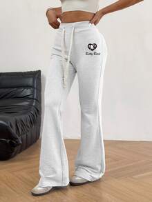 Betty Boop x SHEIN SHEIN EZwear 女款休閒極簡抽繩喇叭運動長褲，Betty聯名印花圖案，適合外出與返校穿著 - 灰色 - 查看 4