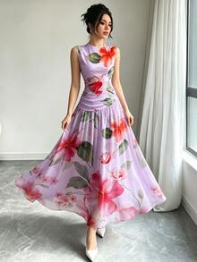 Modelyn 紫色花卉印花V領無袖長洋裝，女款時尚抓皺腰身雪紡長裙，輕盈花卉圖案夏季度假優雅穿搭 - 彩色 - 查看 3