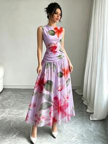 Modelyn 紫色花卉印花V領無袖長洋裝，女款時尚抓皺腰身雪紡長裙，輕盈花卉圖案夏季度假優雅穿搭 - 彩色 - 查看 4