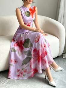 Modelyn 紫色花卉印花V領無袖長洋裝，女款時尚抓皺腰身雪紡長裙，輕盈花卉圖案夏季度假優雅穿搭 - 彩色 - 查看 5