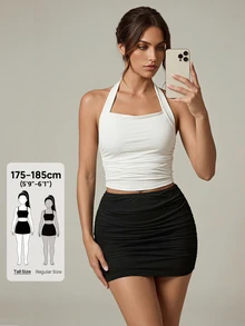 SHEIN Tall 雙層網紗遮臀裙，適合高個女性，Ibiza 風格，夜店派對外出穿搭，黑色，秋季性感 - 黑色 - 查看 1