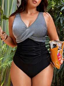Swim Lushoire Plus Size Women's V-Neck Striped Color Block Ruched One-Piece Swimsuit, Suitable For Beach Vacation, Pool Party, Beach Party - Black and White - View 3