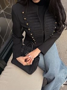 SHEIN Women's Autumn/Winter Black Napoleon Waist-Cinching Fitted Button Jacket, Elegant For Night Party Dinner, Banquet, Daily, Commute, Holiday, Date - Black - View 8