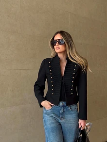 SHEIN Women's Autumn/Winter Black Napoleon Waist-Cinching Fitted Button Jacket, Elegant For Night Party Dinner, Banquet, Daily, Commute, Holiday, Date - Black - View 7