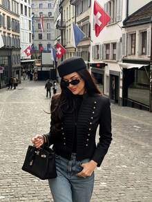 SHEIN Women's Autumn/Winter Black Napoleon Waist-Cinching Fitted Button Jacket, Elegant For Night Party Dinner, Banquet, Daily, Commute, Holiday, Date - Black - View 9
