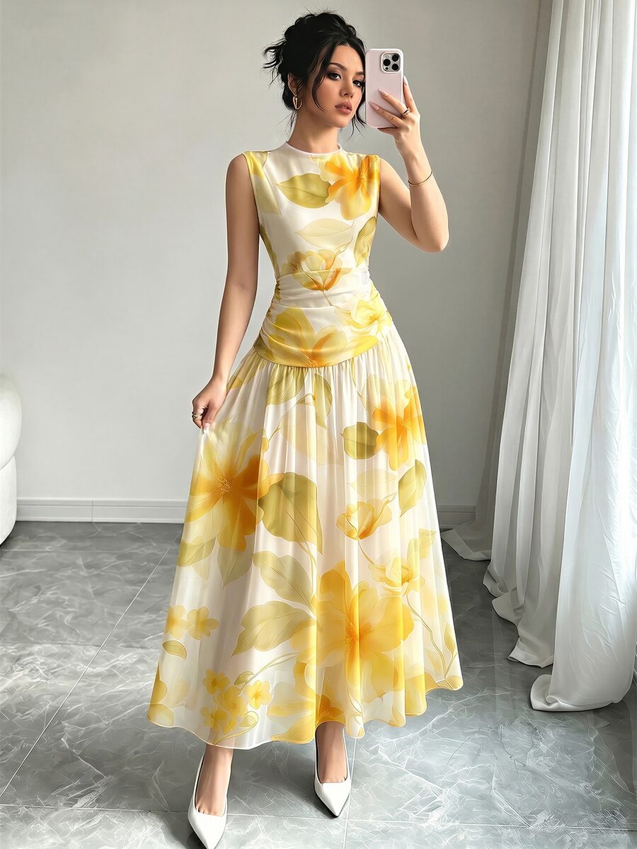 Modelyn 淺黃色花卉印花法式無袖長洋裝,女款時尚低領收腰長裙,抓皺腰部設計,花卉圖案桃色雪紡長洋裝,夏季度假風,優雅日常穿搭 - 彩色 - 查看 1