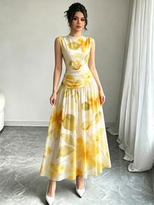 Modelyn 淺黃色花卉印花法式無袖長洋裝，女款時尚低領收腰長裙，抓皺腰部設計，花卉圖案桃色雪紡長洋裝，夏季度假風，優雅日常穿搭 - 彩色 - 查看 5
