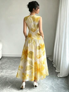 Modelyn 淺黃色花卉印花法式無袖長洋裝，女款時尚低領收腰長裙，抓皺腰部設計，花卉圖案桃色雪紡長洋裝，夏季度假風，優雅日常穿搭 - 彩色 - 查看 2