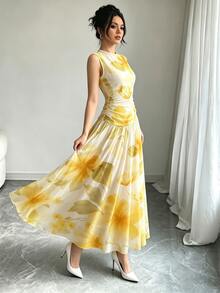 Modelyn 淺黃色花卉印花法式無袖長洋裝，女款時尚低領收腰長裙，抓皺腰部設計，花卉圖案桃色雪紡長洋裝，夏季度假風，優雅日常穿搭 - 彩色 - 查看 4
