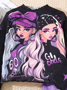 SHEIN ChillGRL 女童假領荷葉邊上衣搭配破洞喇叭褲2件套，長袖秋季款，非牛仔布料，印花設計 - 紫色 - 查看 3