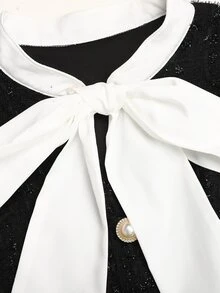 SHEIN 青少年女孩優雅大蝴蝶結裝飾粗花呢拼接2合1長袖秋季洋裝，返校穿搭，日常穿著 - 黑色 - 查看 9