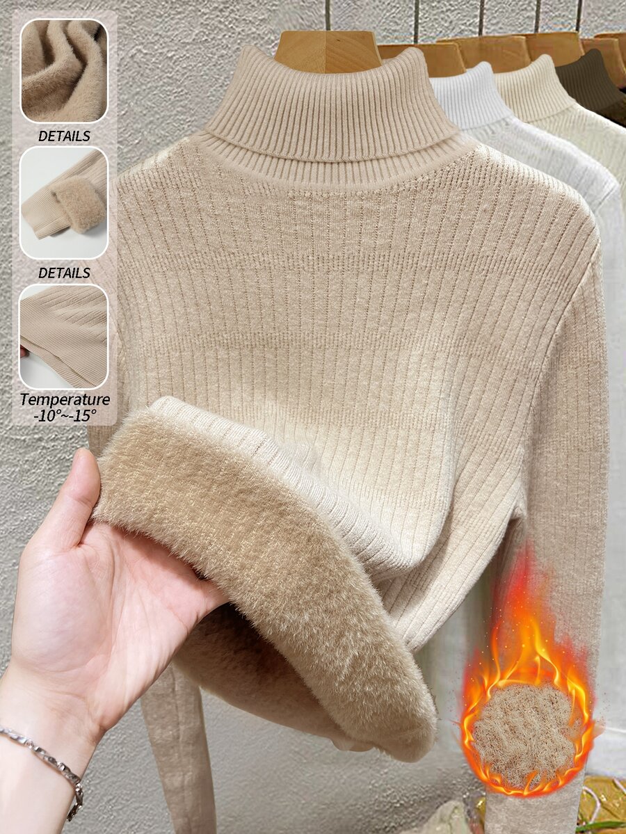 SHEIN Fiorisel 新款修身简约高领针织套头毛衣,女士秋冬款 - 卡其色 - 查看 1