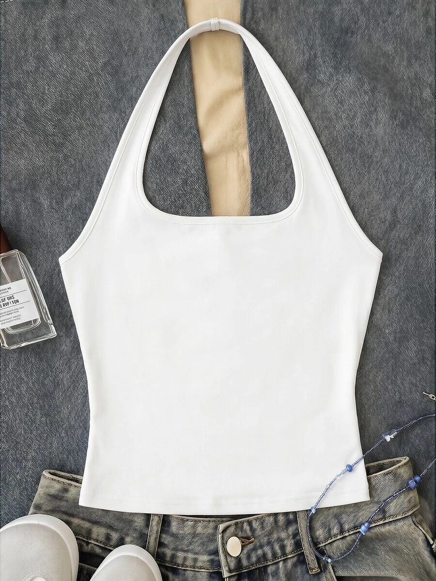 SHEIN Tween Girls' White Long Casual Halter Neck Top, Fitted Summer Tank - White - View 1