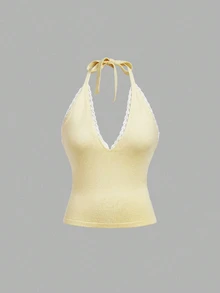 SHEIN MOD Atasan Wanita Rajut Bergaris Putih dan Kuning Model V-Neck Halter dengan Detail Renda Halus dan Tali Pengikat, Cocok untuk Liburan Musim Panas, Gaya Tropis, dan Romantis Prancis. - Kuning muda - View 3