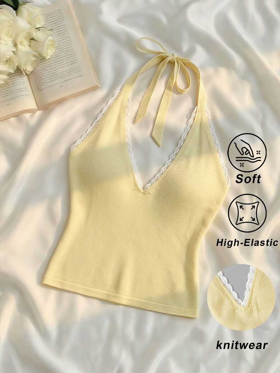 SHEIN MOD Atasan Wanita Rajut Bergaris Putih dan Kuning Model V-Neck Halter dengan Detail Renda Halus dan Tali Pengikat, Cocok untuk Liburan Musim Panas, Gaya Tropis, dan Romantis Prancis. - Kuning muda - View 1