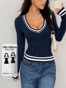 SHEIN PETITE Women's Solid Color Patchwork V-Neck Long Sleeve Casual Sweater In Fall/Winter ,Petite Women - Navy Blue - View 1