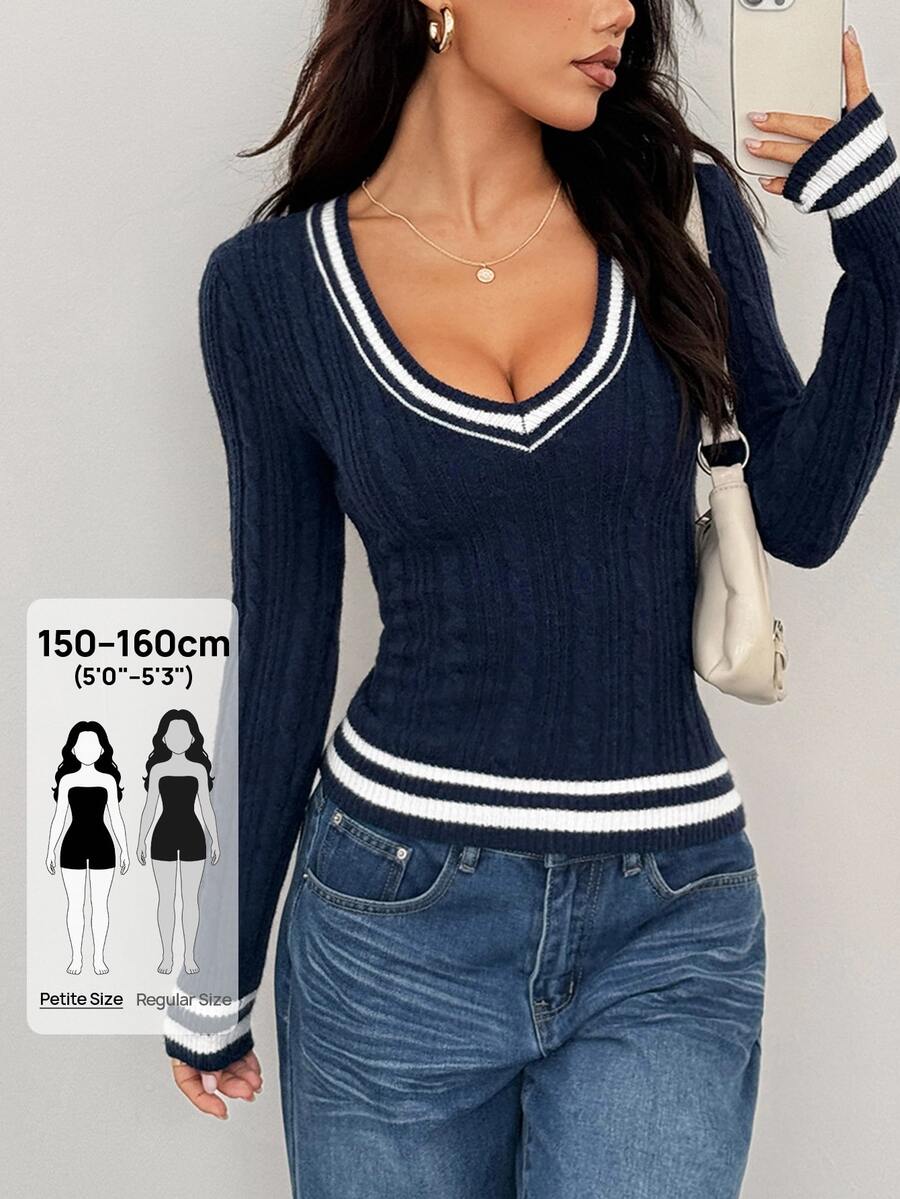 SHEIN PETITE Women's Solid Color Patchwork V-Neck Long Sleeve Casual Sweater In Fall/Winter ,Petite Women - Navy Blue - View 1