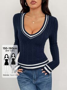 SHEIN PETITE Women's Solid Color Patchwork V-Neck Long Sleeve Casual Sweater In Fall/Winter ,Petite Women - Navy Blue - View 12